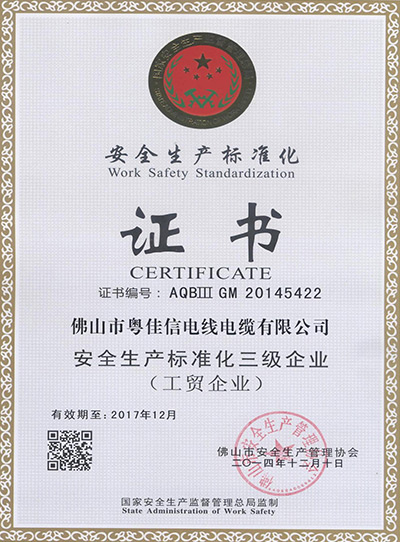 安全生產(chǎn)標準化三級企業(yè)證書(shū)